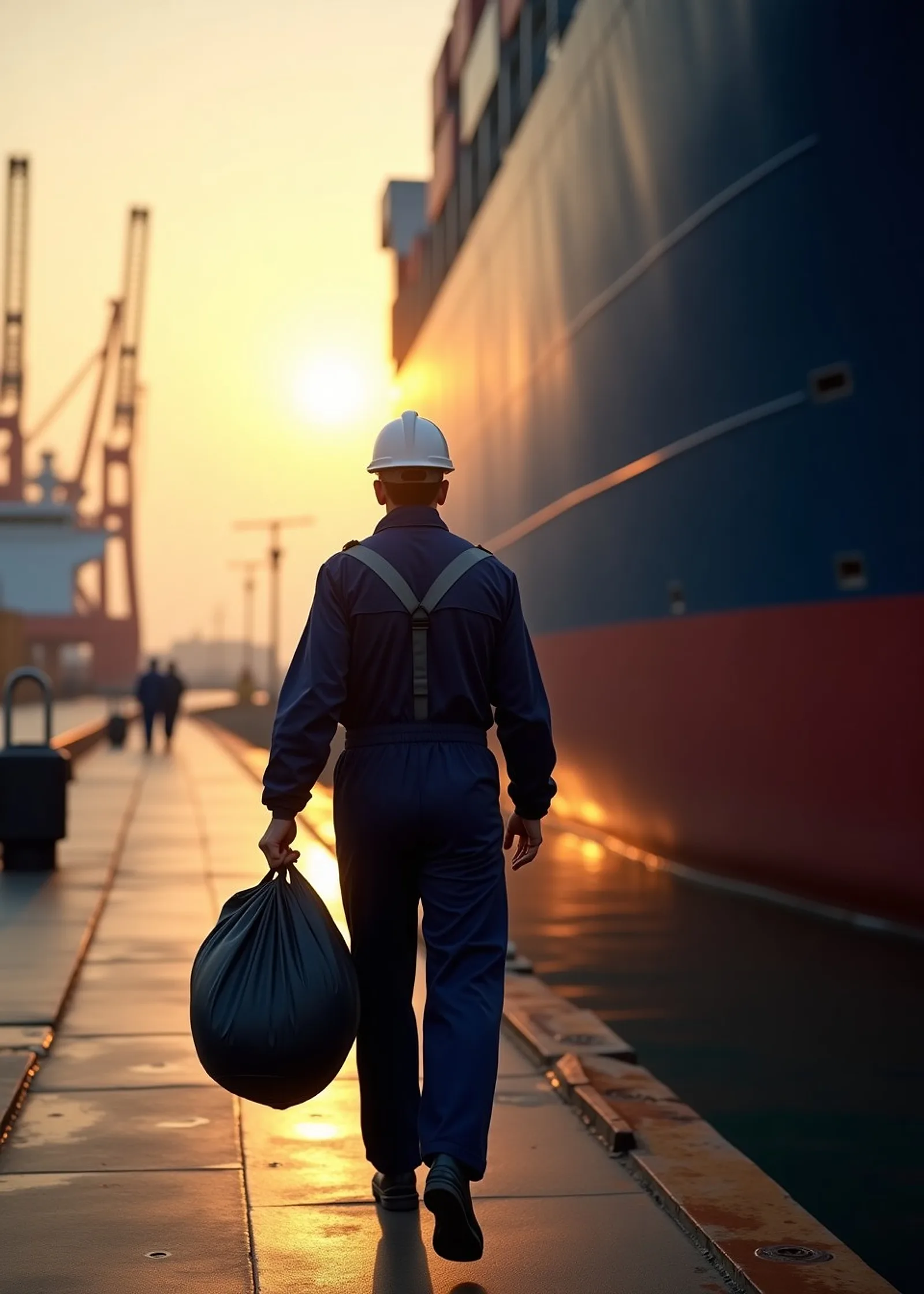 Seafarer carrying a sea bag up a ship gangway at sunrise